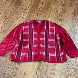 Red, black, white zip up sweater